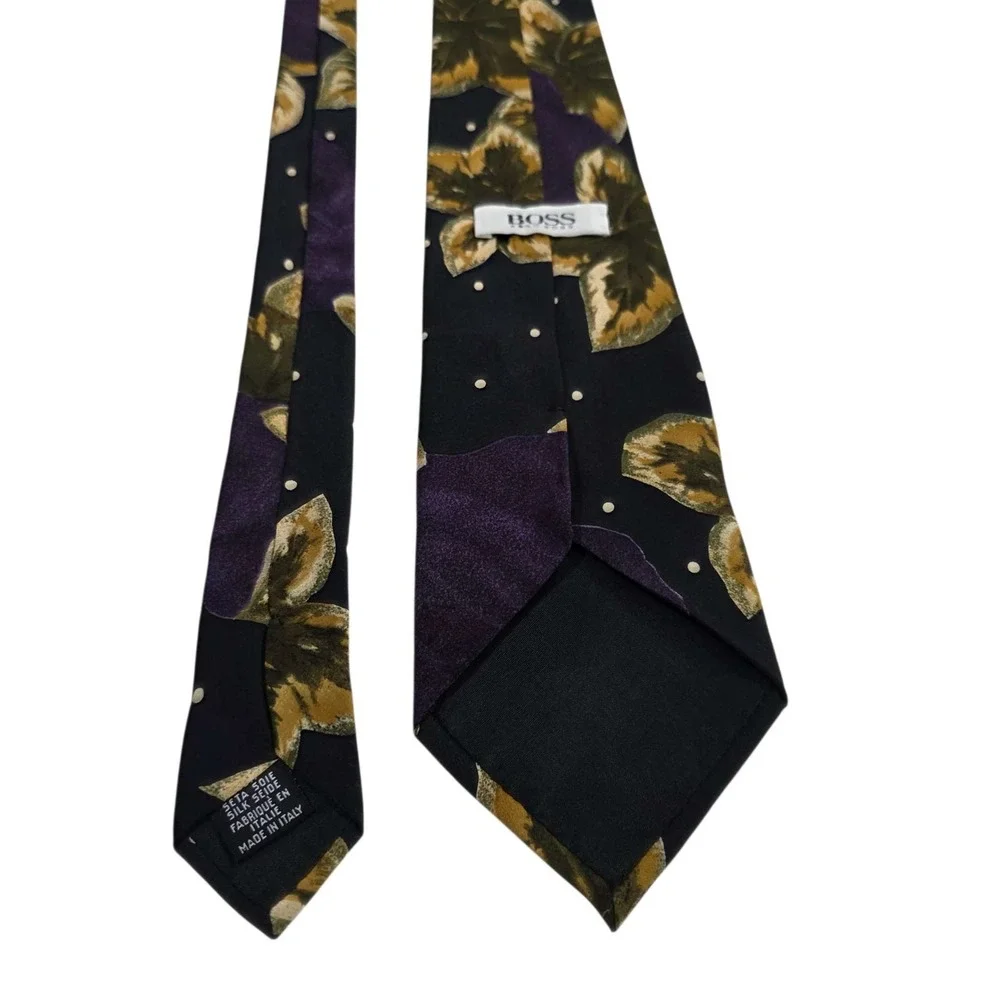 BOSS Hugo Boss Floral Silk‎ Neck Tie Mens Black Gold Purple Designer Italy
